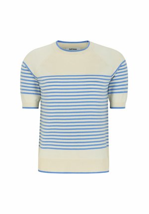 Kreemivalge lühikeste varrukatega sviiter siniste triipudega. Kootud tekstuur, ümar kaelus ja soonikud. Omab lõdva istuvust ja raglaanvarrukaid.