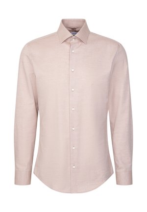 Helle rosa langärmelige Herrenhemd mit klassischem Kragen und weißen Knöpfen auf der Vorderseite, vor einem weißen Hintergrund präsentiert.