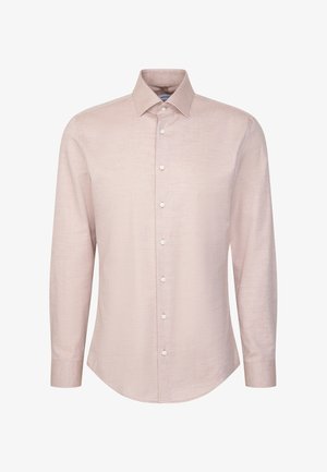 Camicia da uomo a maniche lunghe di colore rosa chiaro con colletto classico e bottoni bianchi sul davanti, esposta su uno sfondo bianco.