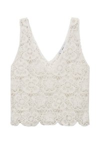 White lace camisole with a V-neckline, floral pattern, scalloped hem, and adjustable straps. Features intricate lace texture throughout.