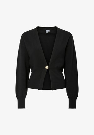 Musta neulottu neuletakki, jossa syvä V-kaula-aukko, pitkät hihat ja etupuolella kultainen nappikiinnitys. Sileä tekstuuri, vartalonmyötäinen leikkaus.