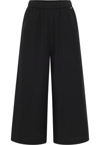 Zwarte broek met wijde pijpen van lichtgewicht stof, voorzien van een elastische tailleband. Heeft een zachte textuur en een minimalistisch ontwerp zonder zakken.