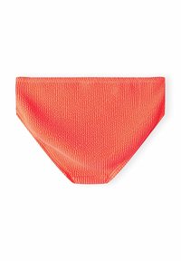 Koralowe bikini o niskim stanie wykonane z teksturowanej tkaniny, z wysokim cięciem, czystymi krawędziami i gładkim wykończeniem.