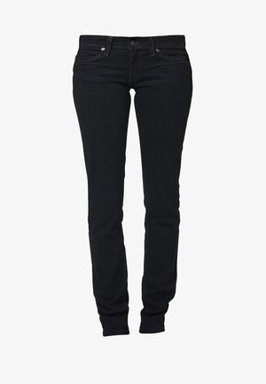 Jean noir slim avec bouton à l'avant, fermeture éclair et style cinq poches, présenté sur un fond neutre.