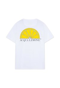 Vit T-shirt med kort ärmar som har en grafisk bild av en gul citronskiva och grå text "ACQUA LIMONE" under. Tillverkad av bomull, normal passform.