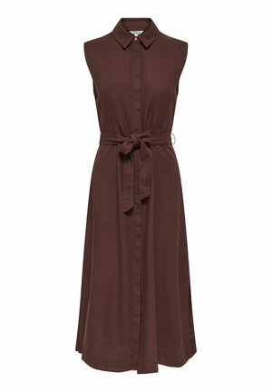 Robe midi marron foncé sans manches avec col, fermeture à boutons sur le devant et ceinture en tissu nouée à la taille.