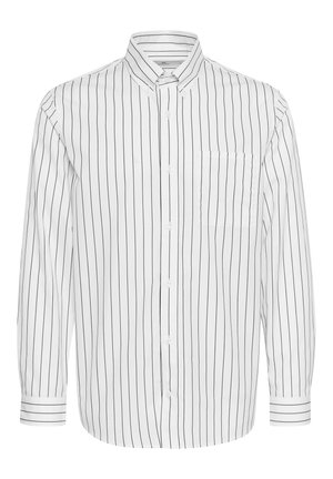 White long-sleeve shirt with black vertical stripes, button-down collar, single chest pocket, and contrasting striped cuffs.