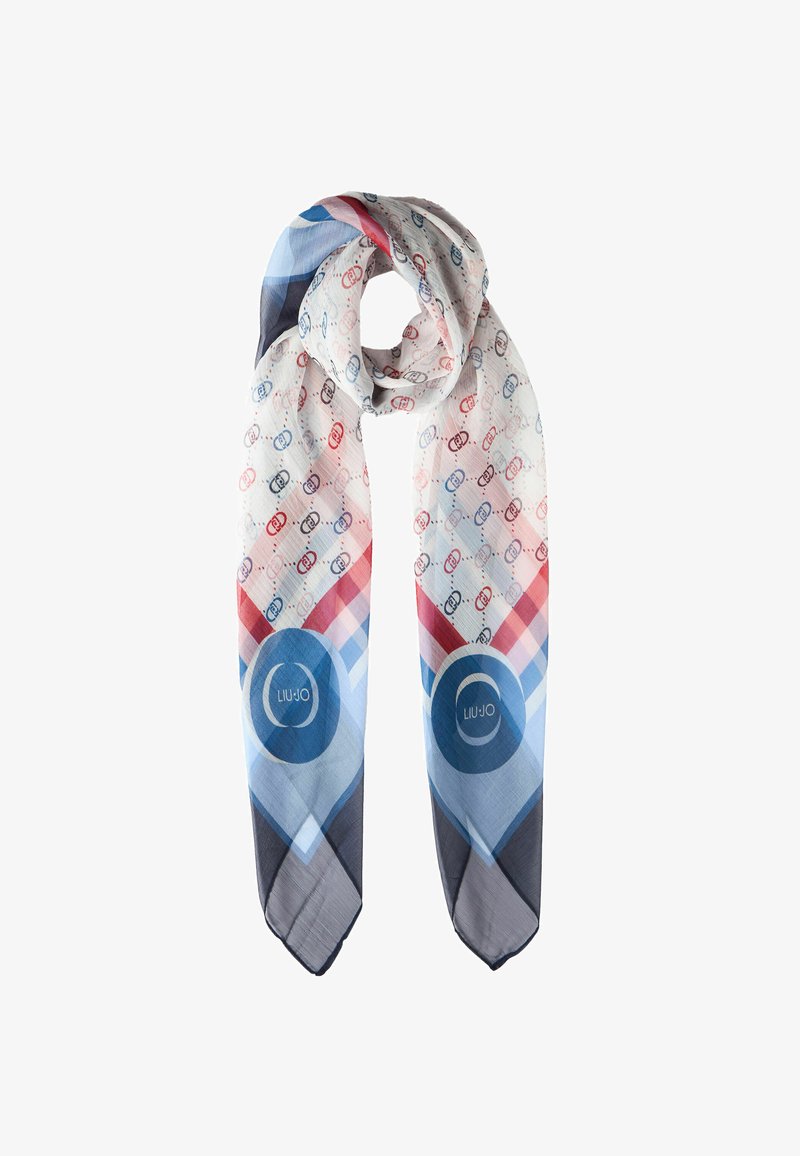 Bufanda ligera y estampada en colores pastel con formas geométricas. Presenta acentos de logo en azul, rojo y gris sobre una tela semitransparente.