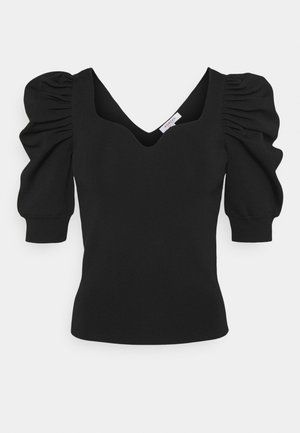 Schwarzes Strickoberteil mit V-Ausschnitt und Puffärmeln. Das Material ist glatt und hat eine taillierte Passform, mit Raffung an den Schultern.