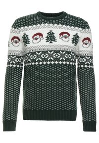 Grüner Strickpullover mit festlichen Mustern von Weihnachtsmützen und Weihnachtsbäumen, einem gerippten Rundhalsausschnitt und strukturierten unteren Bereichen.