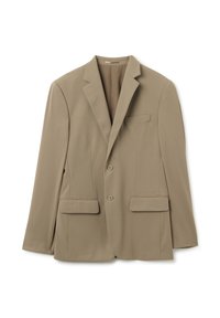 Blazer khaki realizzato in un tessuto liscio, con design a un bottone, due tasche frontali e rever a punta.