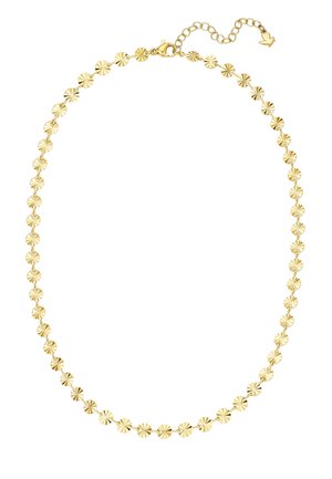 Collar en tono dorado que presenta pequeños eslabones redondos y texturizados en forma de disco, unidos por una cadena fina con cierre de langosta y extensión ajustable.