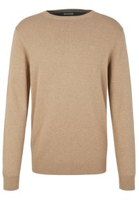 Beżowy sweter dzianinowy z długimi rękawami i okrągłym dekoltem. Posiada prążkowany dół i mankiety. Miękka tekstura, minimalistyczny design.
