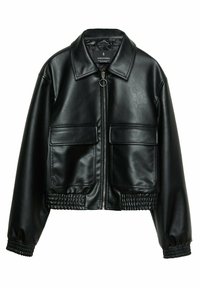Veste courte en simili cuir noir avec un large col, fermeture éclair sur le devant, deux poches avant, et des poignets et un ourlet en élasthanne texturé.