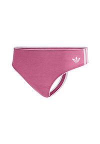 Roze bikinibroekje met een gladde textuur, voorzien van witte strepen en een Adidas-logo aan de zijkant. Middelhoog model met uitgesneden zijkanten.