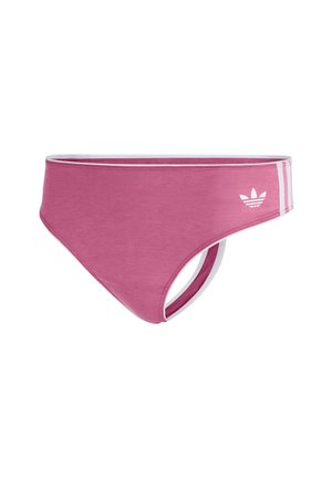 Różowe dół bikini o gładkiej fakturze, z białymi paskami i logo Adidas po boku. Średni stan z wycięciami po bokach.