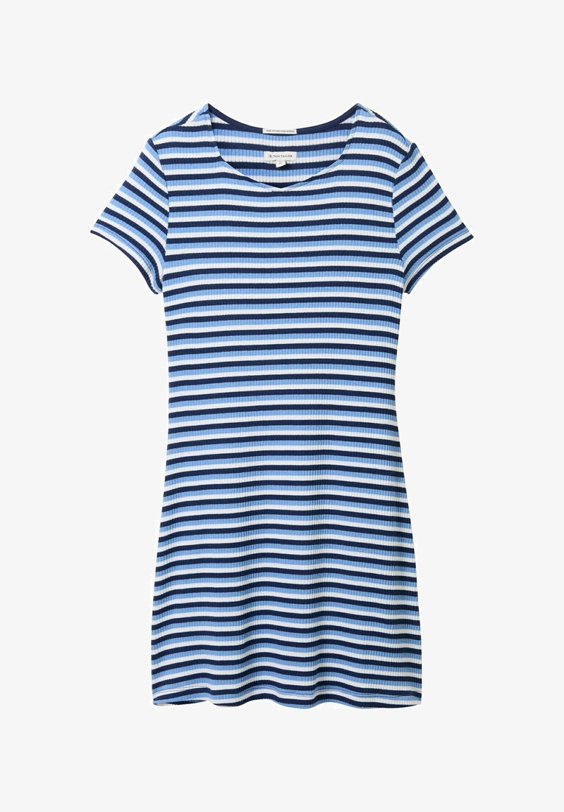 Robe en tricot côtelé à manches courtes avec des rayures horizontales alternées bleu clair, bleu marine et blanc, et un col rond.