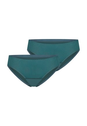 Dwa damskie majtki w kolorze turkusowym z delikatnym wzorem liści i falistymi krawędziami, przedstawione na białym tle.