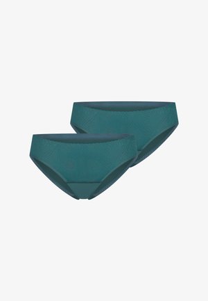 Twee damesonderbroeken in teal met een subtiel bladmotief en geschulpte randen, afgebeeld tegen een witte achtergrond.