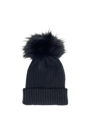 Beanie nero a maglia con texture a coste e bordo ripiegato. Presenta un grande pompon in finta pelliccia nera sulla sommità.