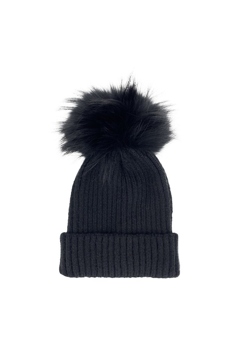 Beanie nero a maglia con texture a coste e bordo ripiegato. Presenta un grande pompon in finta pelliccia nera sulla sommità.