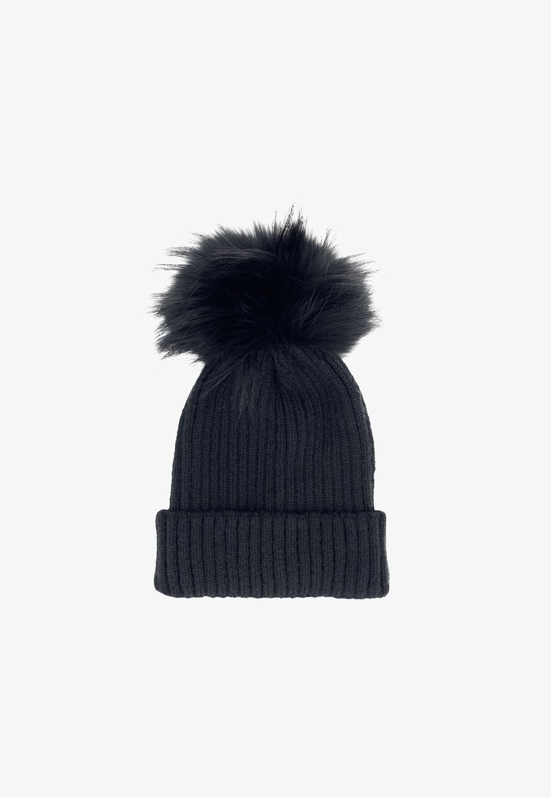 Beanie nero a maglia con texture a coste e bordo ripiegato. Presenta un grande pompon in finta pelliccia nera sulla sommità.