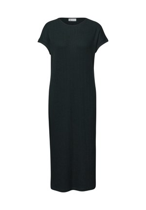 Zwarte geribbelde midi-jurk van gebreide stof met korte opgerolde mouwen en een ronde halslijn, met een rechte, ontspannen pasvorm.