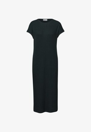 Zwarte geribbelde midi-jurk van gebreide stof met korte opgerolde mouwen en een ronde halslijn, met een rechte, ontspannen pasvorm.