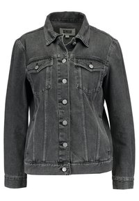 Chaqueta de mezclilla negra con cierre de botones, dos bolsillos en el pecho y detalles con costuras verticales. Presenta un cuello clásico y mangas largas.