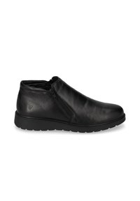Scarpa alla caviglia in pelle nera con zip laterale e suola in gomma testurizzata, progettata per un facile utilizzo e comfort.
