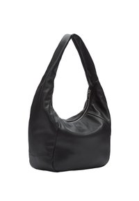 Borsa hobo in pelle nera con un design morbido, una tracolla curva e una chiusura con zip laterale. Texture liscia e forma minimalista.