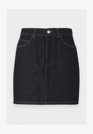 Μίνι φούστα από σκούρο μπλε τζιν με εμπρόσθιο κούμπωμα με κουμπιά και φερμουάρ, θηλιές για ζώνη και εμπρόσθιες τσέπες.