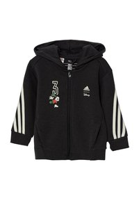 Felpa nera con zip, tasca frontale, strisce bianche Adidas sulle maniche e dettaglio ricamato di un personaggio Disney sul petto.