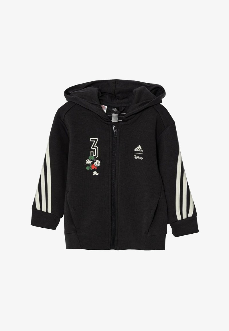 Felpa nera con zip, tasca frontale, strisce bianche Adidas sulle maniche e dettaglio ricamato di un personaggio Disney sul petto.