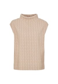 Haut sans manches en maille beige avec un col montant présentant un motif à carreaux subtil dans des tons plus clairs.