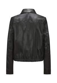 Schwarze Lederjacke mit Kragen, elastischem Bund und glatter Textur. Verfügt über ein einfaches, klassisches Design, das sich gut zum Layering eignet.
