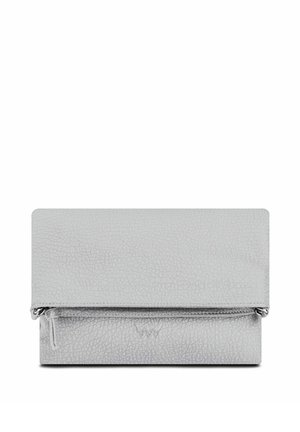 Gray leather clutch with a textured finish, structured shape, and a zipper detail at the bottom for secure closure.