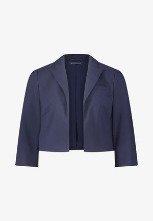 Marinblått kort blazer med slagkrage, strukturerade axlar och en bröstficka. Slät tyg med matt yta.