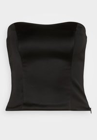 Zwarte strapless top gemaakt van glad satijnstof. Het heeft een aangesloten ontwerp met een naadloze, gestructureerde corsage en een rechte halslijn.