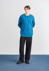 Μπλε μακρυμάνικη μπλούζα, χαλαρή εφαρμογή, με στρογγυλή λαιμόκοψη. Συνδυασμένη με μαύρα παντελόνια φαρδιάς γραμμής και μαύρα αθλητικά παπούτσια. Απλή και ουδέτερη στυλιστική προσέγγιση.