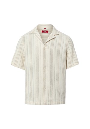 Kurzärmeliges, cremefarbenes Hemd mit Knöpfen, dünnen, vertikalen braunen Streifen und einem Camp-Kragen.
