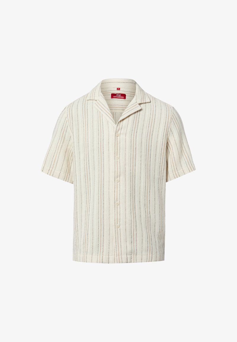 Kurzärmeliges, cremefarbenes Hemd mit Knöpfen, dünnen, vertikalen braunen Streifen und einem Camp-Kragen.