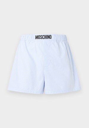 Lichtblauwe en witte boxershorts met verticale strepen en een elastische tailleband met zwart MOSCHINO-logo op een witte patch.