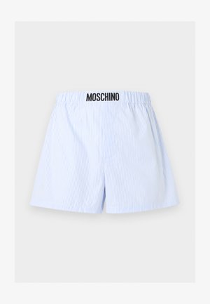 Φωτεινά γαλάζια και λευκά κάθετα ριγέ μποξεράκια με ελαστική μέση και μαύρο λογότυπο MOSCHINO σε λευκή ετικέτα.