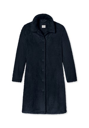Fuzzy donkerblauwe jas met een kraag, knoopsluiting en lange mouwen. Zachte textuur en rechte silhouet.