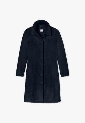 Puszysty ciemnoniebieski płaszcz z kołnierzem, z zapięciem na guziki i długimi rękawami. Miękka tekstura i prosta sylwetka.