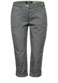 Pantalons cropped gris avec une texture lisse, dotés de deux poches avant, de détails zippés et de bas retroussés. Ceinture élastique pour un bon ajustement.