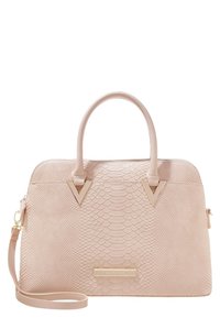 Pale pink handbag with faux snake skin texture, rounded top, two handles, detachable shoulder strap, gold-tone hardware, and logo plaque.