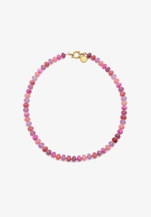 Collana di perline con pietre rotonde e sfaccettate in tonalità di rosa e viola, intervallate da piccoli accenti dorati e una chiusura dorata.