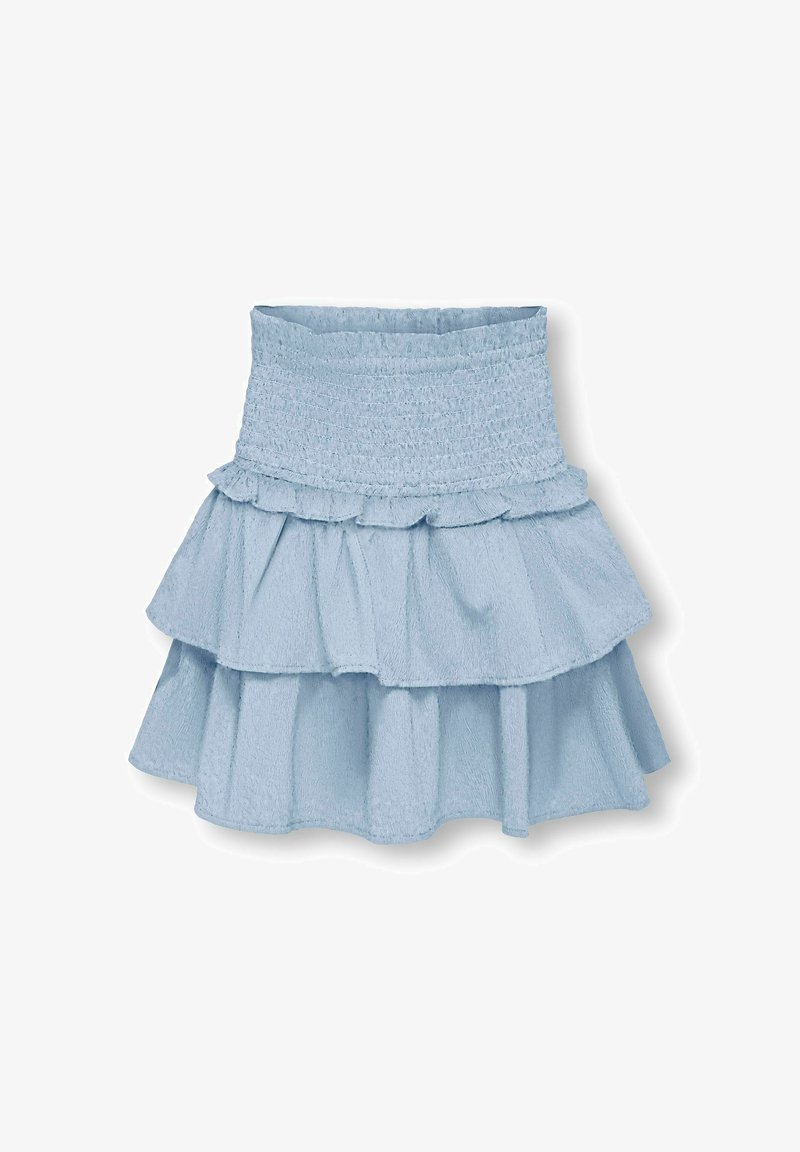 Jupe à volants bleu clair avec taille smockée élastique et bordure à volants, en tissu texturé.